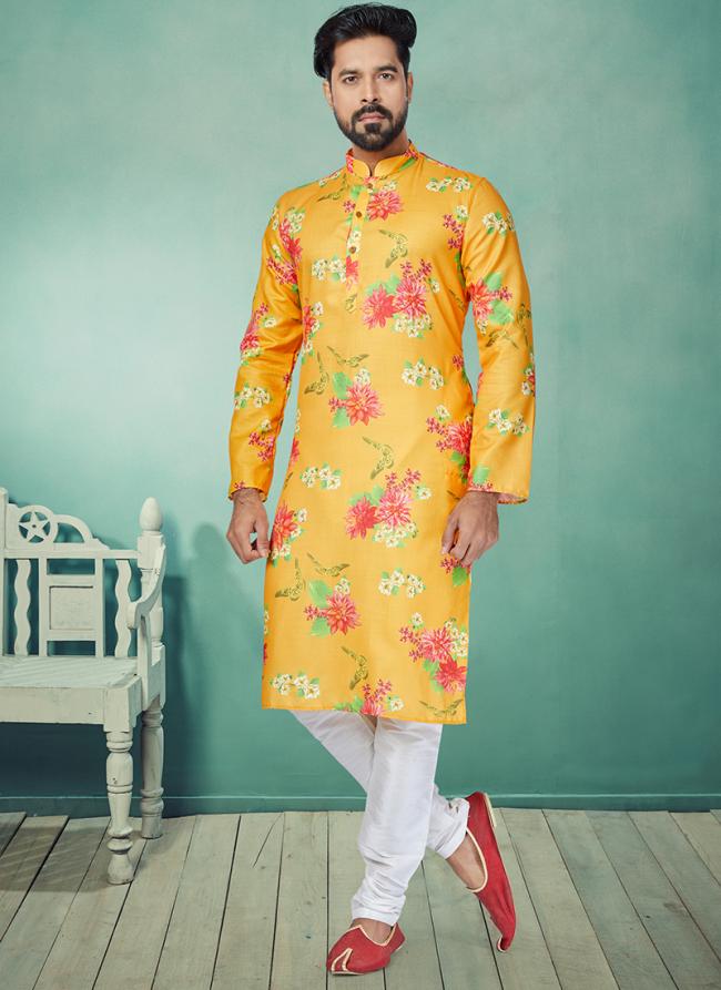 Dhupion Silk Yellow Festival Wear Printed Readymade Kurta Pajama